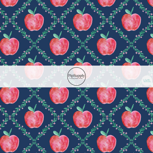 These school themed fabric by the yard features red apples and lattice on blue. This fun themed fabric can be used for all your sewing and crafting needs!