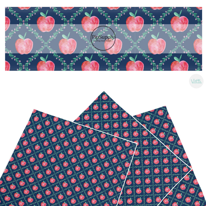 These school themed faux leather sheets contain the following design elements: red apples and lattice on blue. Our CPSIA compliant faux leather sheets or rolls can be used for all types of crafting projects.