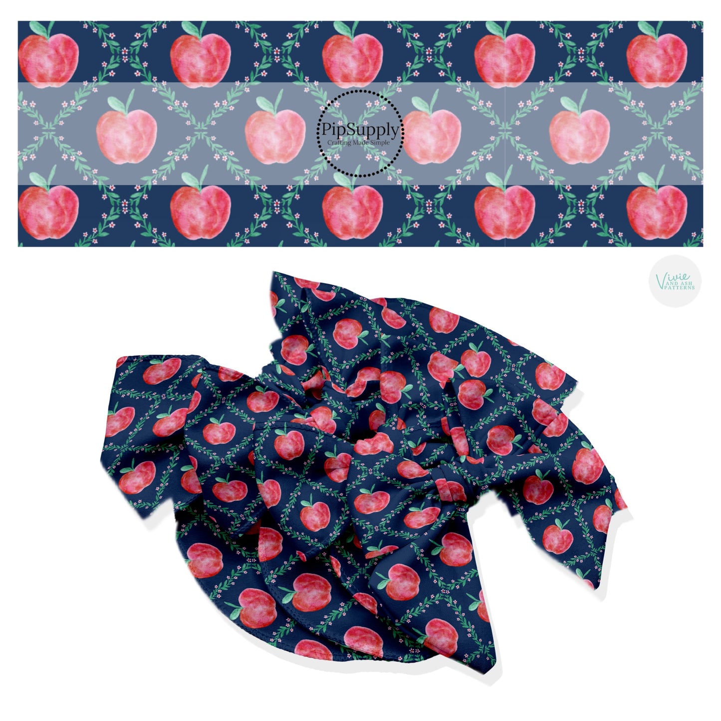 These school themed no sew bow strips can be easily tied and attached to a clip for a finished hair bow. These fun patterned bow strips are great for personal use or to sell. These bow strips feature red apples and lattice on navy.