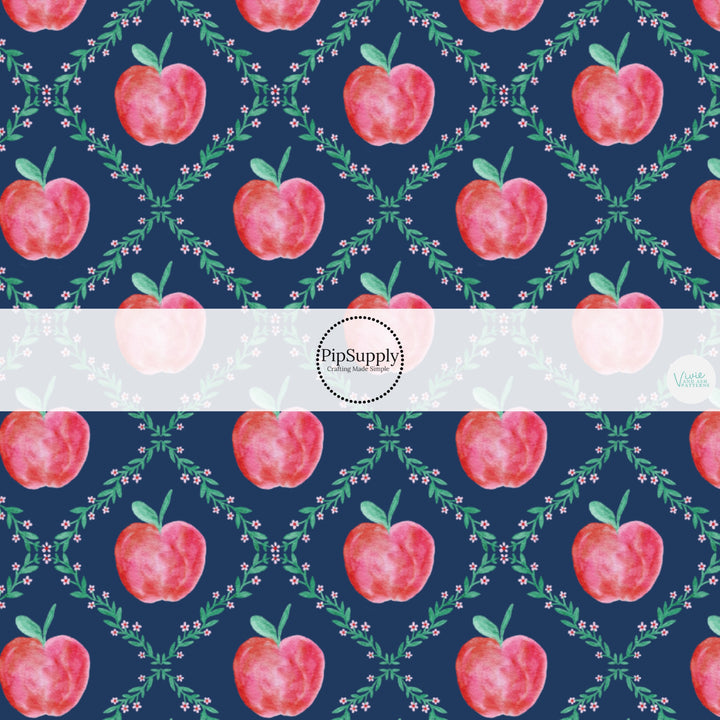 These school themed no sew bow strips can be easily tied and attached to a clip for a finished hair bow. These fun patterned bow strips are great for personal use or to sell. These bow strips feature red apples and lattice on navy.