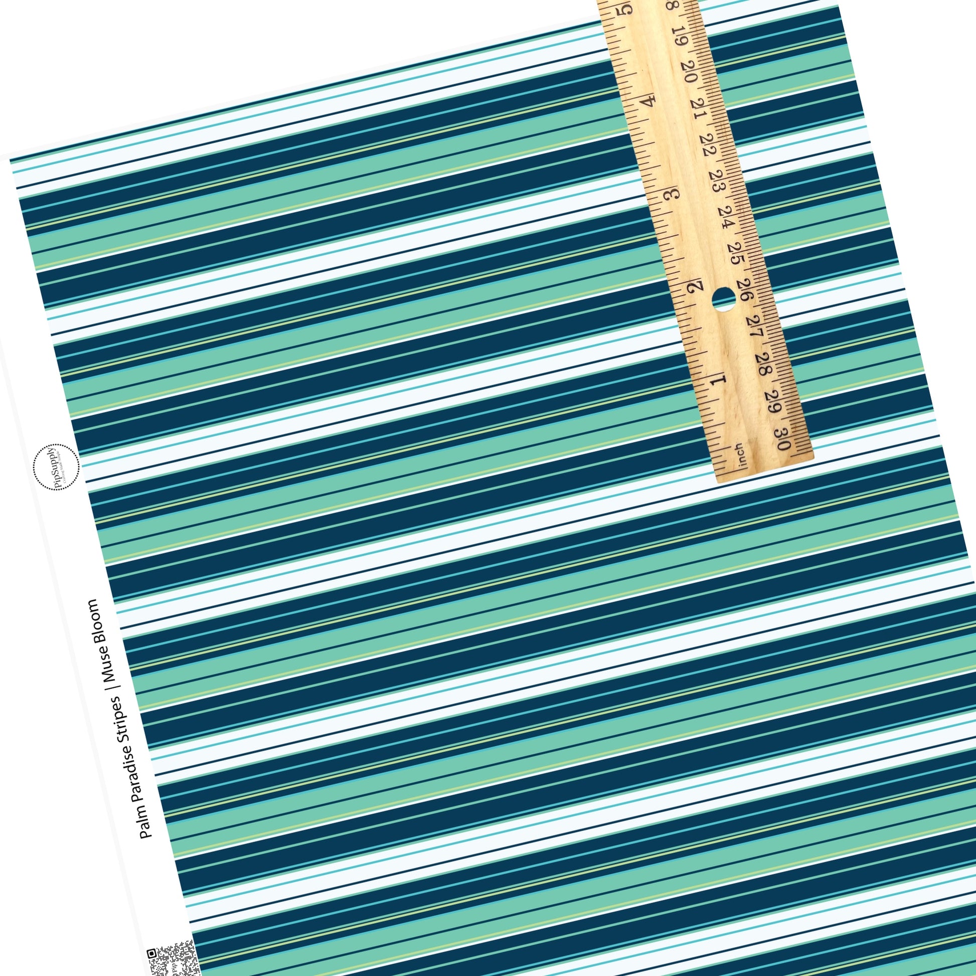 Tropical stripes in aqua, teal, light blue, light green, and dark navy faux leather sheet. 