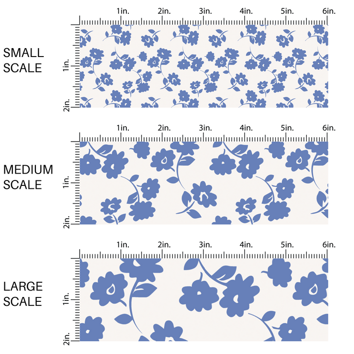 This scale chart of small scale, medium scale, and large scale of these floral themed light cream fabric by the yard features periwinkle flowers on cream. This fun summer floral themed fabric can be used for all your sewing and crafting needs! 