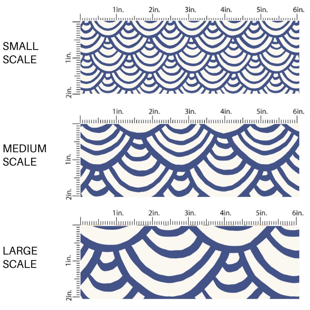 This scale chart of small scale, medium scale, and large scale of this summer fabric by the yard features blue and white scallop patterns. This fun themed fabric can be used for all your sewing and crafting needs!