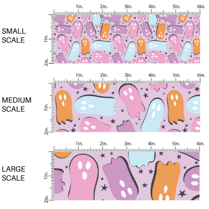 This scale chart of small scale, medium scale, and large scale of these Halloween ghoul themed light purple fabric by the yard features bright pink, purple, orange, and light blue ghost on pastel purple. This fun spooky themed fabric can be used for all your sewing and crafting needs! 