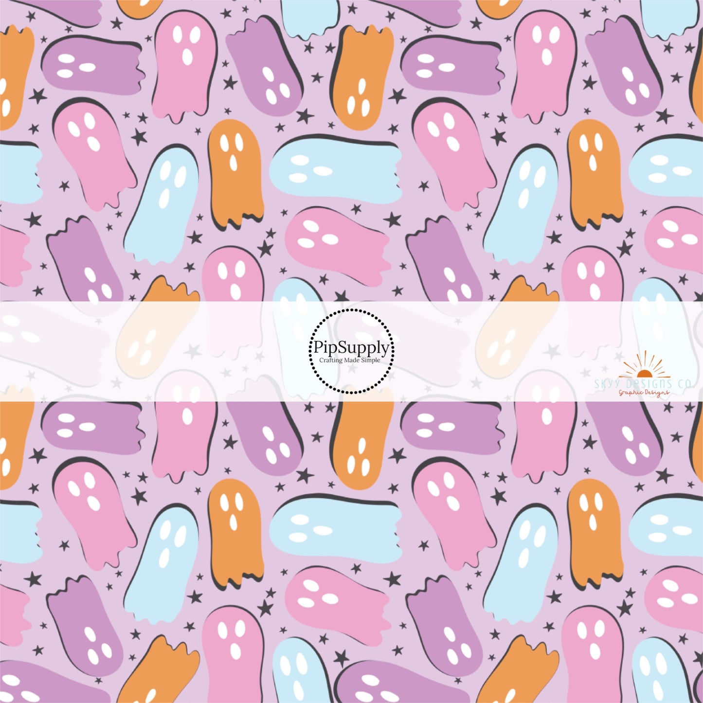These Halloween ghoul themed light purple fabric by the yard features bright pink, purple, orange, and light blue ghost on pastel purple. This fun spooky themed fabric can be used for all your sewing and crafting needs! 