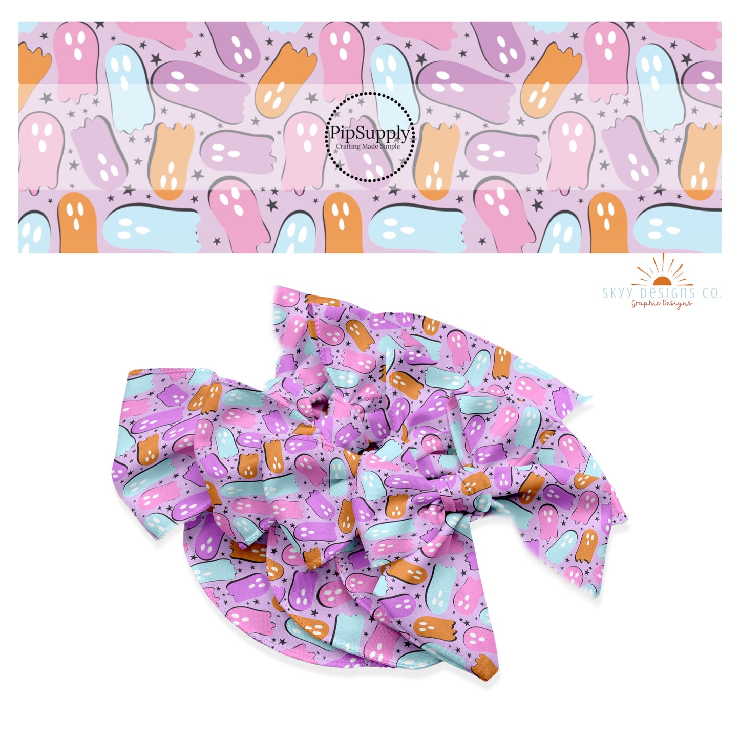 These Halloween ghoul themed light purple no sew bow strips can be easily tied and attached to a clip for a finished hair bow. These fun spooky bow strips are great for personal use or to sell. The bow stripes features bright pink, purple, orange, and light blue ghost on pastel purple. 