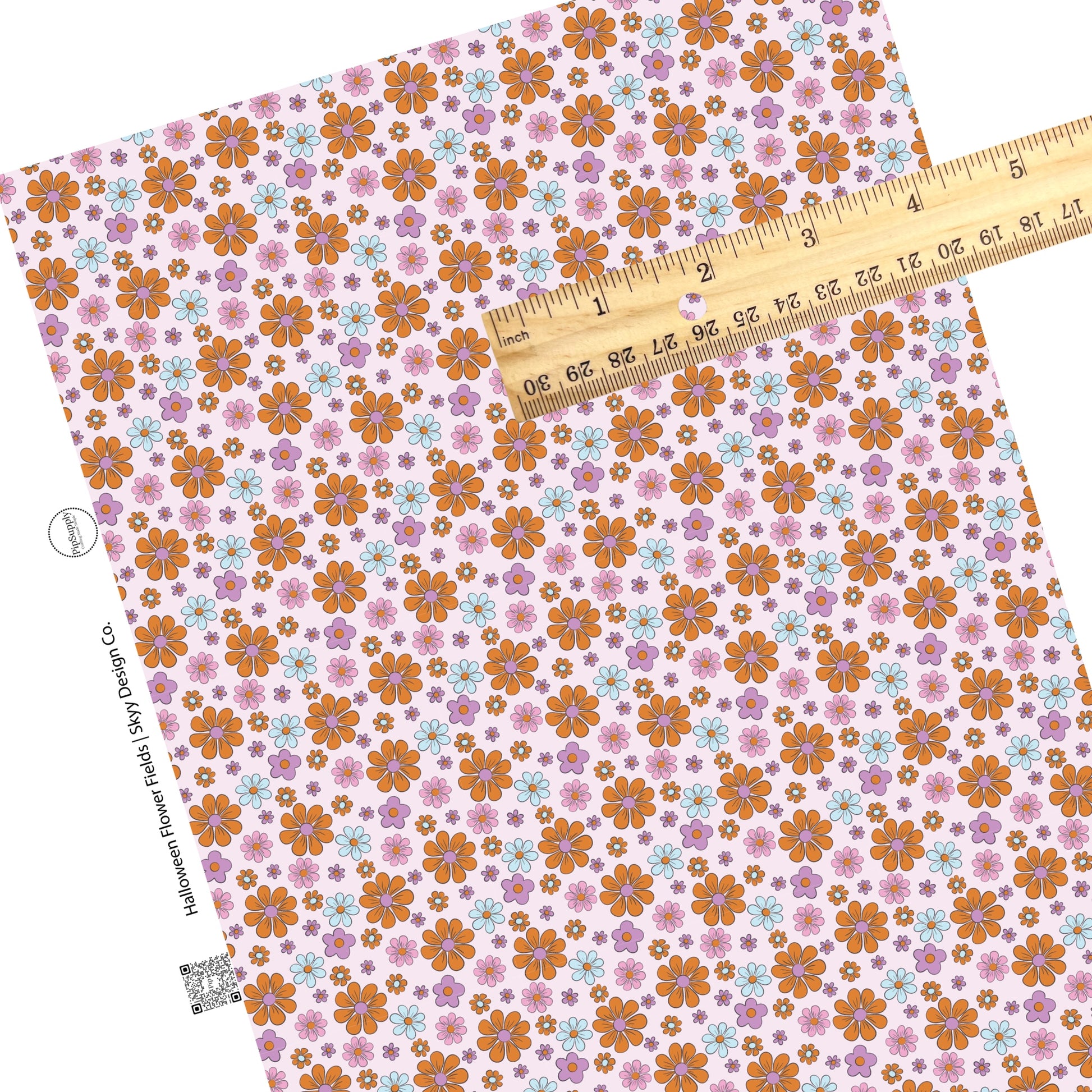 These Halloween flower themed pink faux leather sheets contain the following design elements: small and large bright daisies in pink, purple, light blue, and orange on pastel pink. Our CPSIA compliant faux leather sheets or rolls can be used for all types of crafting projects.