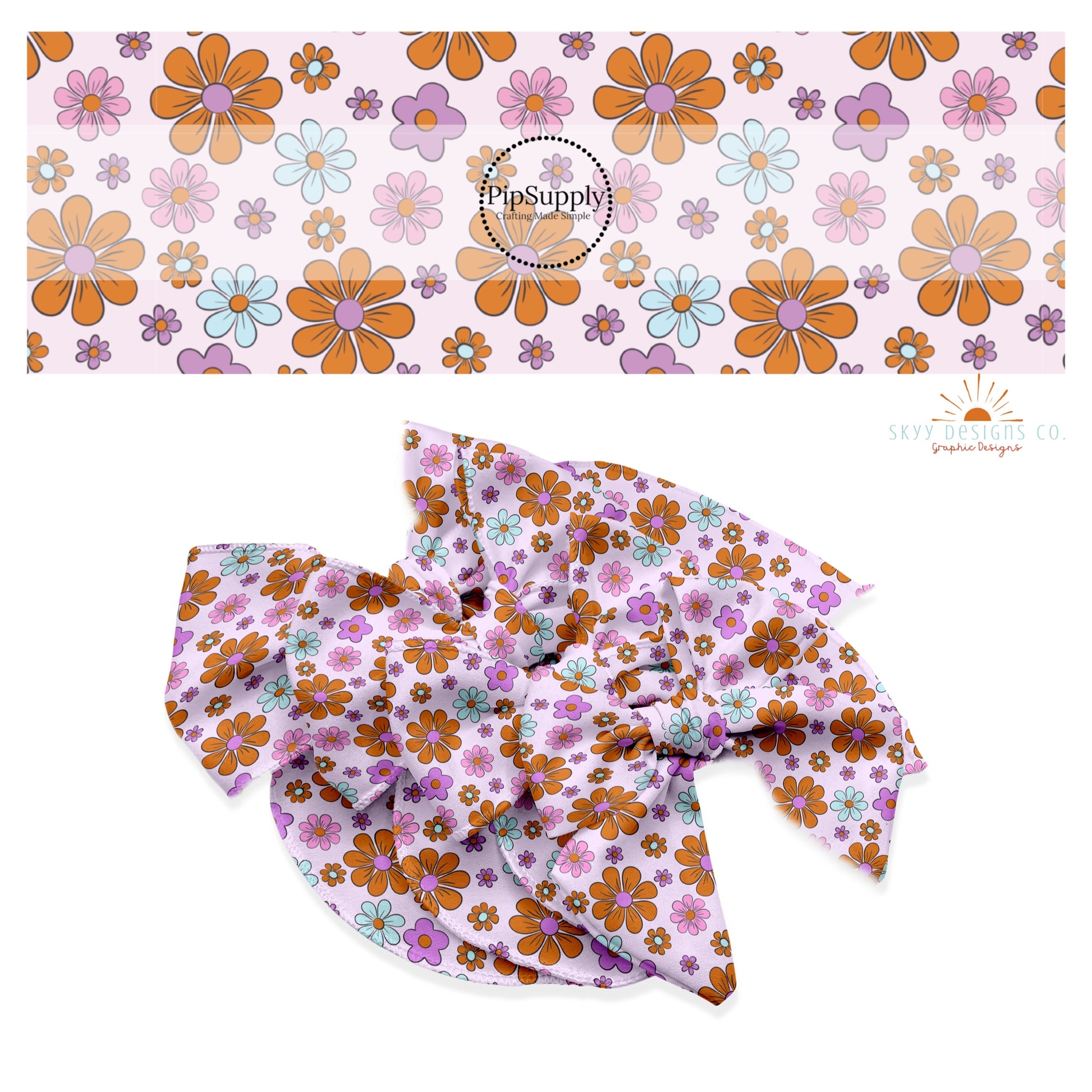 These Halloween floral themed pink no sew bow strips can be easily tied and attached to a clip for a finished hair bow. These fun spooky bow strips are great for personal use or to sell. The bow stripes features small and large bright daisies in pink, purple, light blue, and orange on pastel pink. 