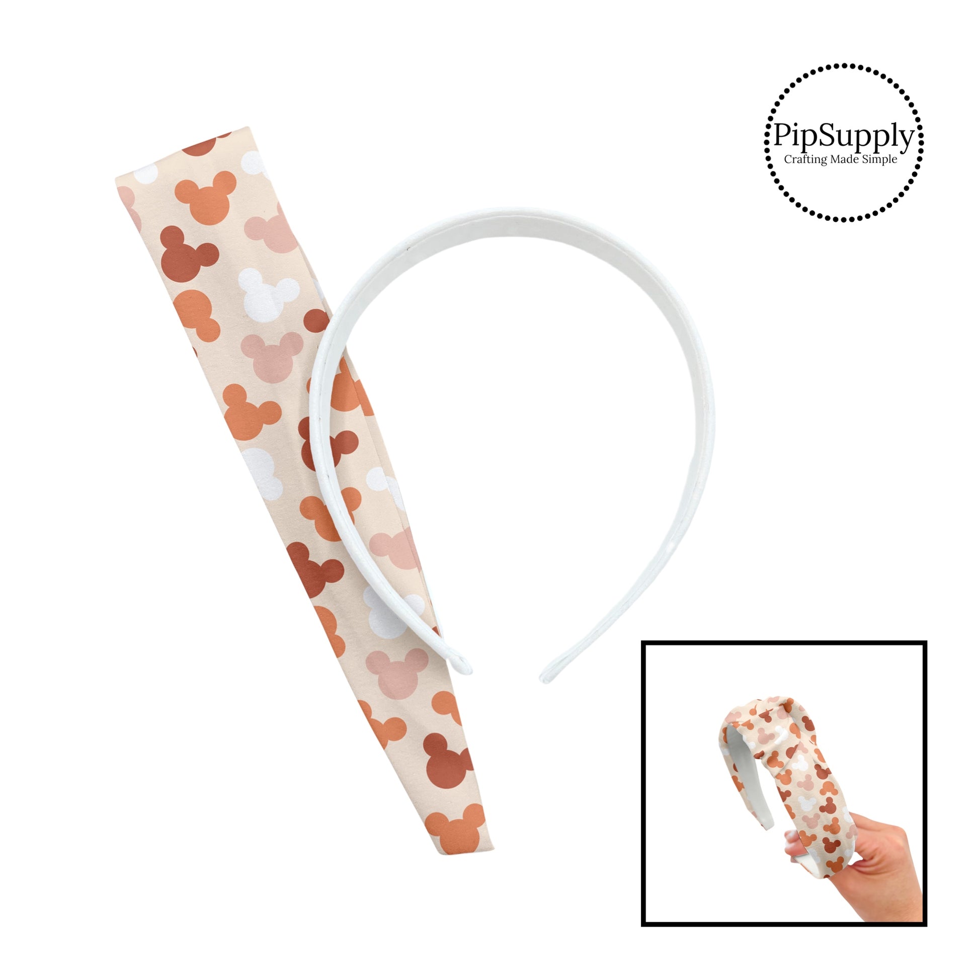 Brown, white, pink, and orange mouse heads on cream knotted headband kit