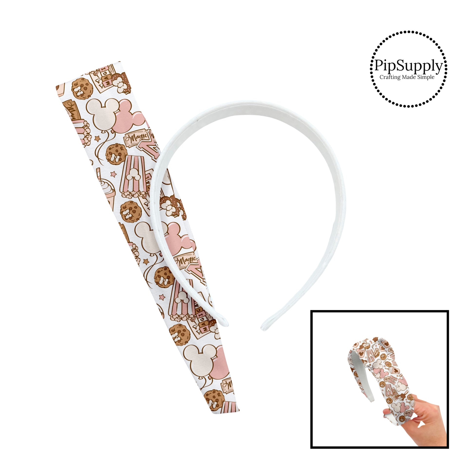 Neutral mouse park snacks and balloons on cream knotted headband kit