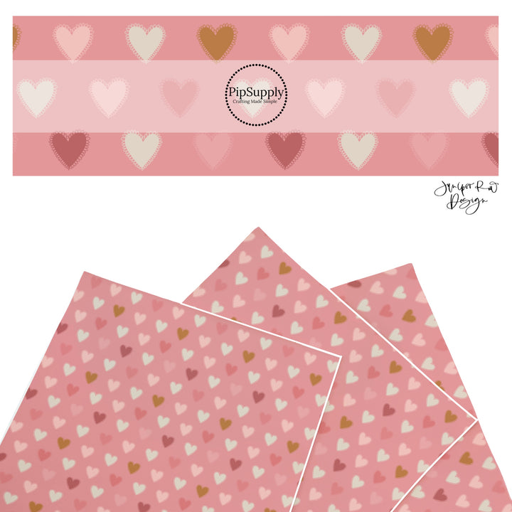 These holiday faux leather sheets contain the following design elements: neutral color hearts on pink. Our CPSIA compliant faux leather sheets or rolls can be used for all types of crafting projects.