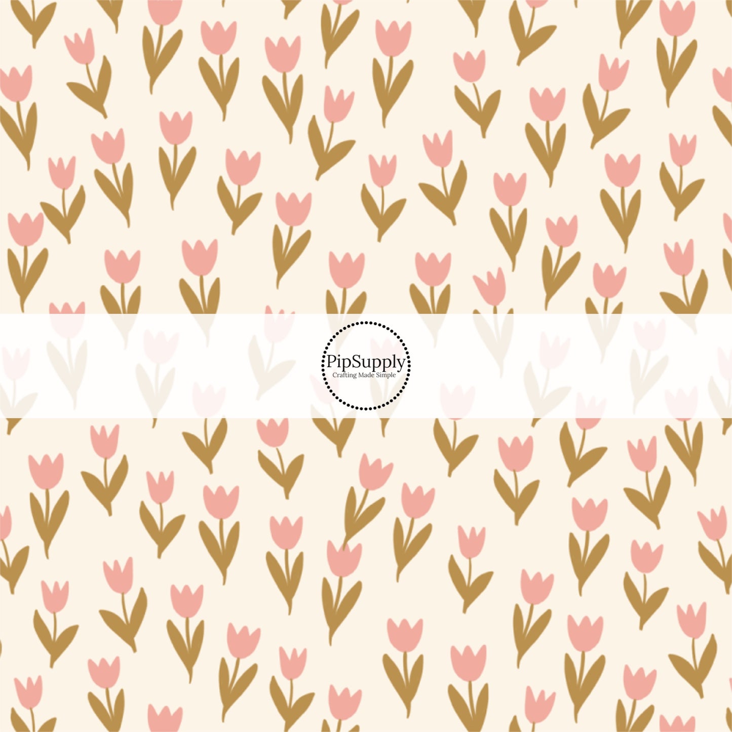 Brown and Pink Tulips on Cream Fabric by the Yard.