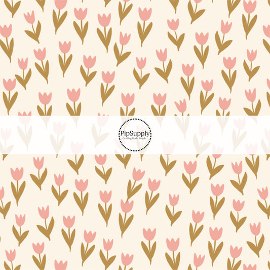 Brown and Pink Tulips on Cream Fabric by the Yard.