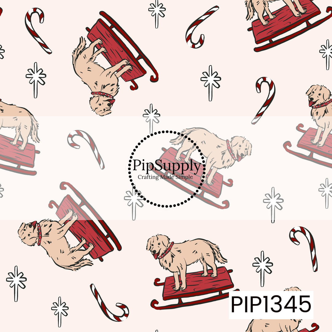 A playful Christmas seamless pattern featuring adorable golden retrievers riding on bright red wooden sleds while wearing festive red collars. Scattered throughout are classic red and white striped candy canes and simple hand-drawn snowflakes. Set against a soft ivory background with bold black outlines and a charming, vintage-inspired illustration style for a fun and cozy holiday look.