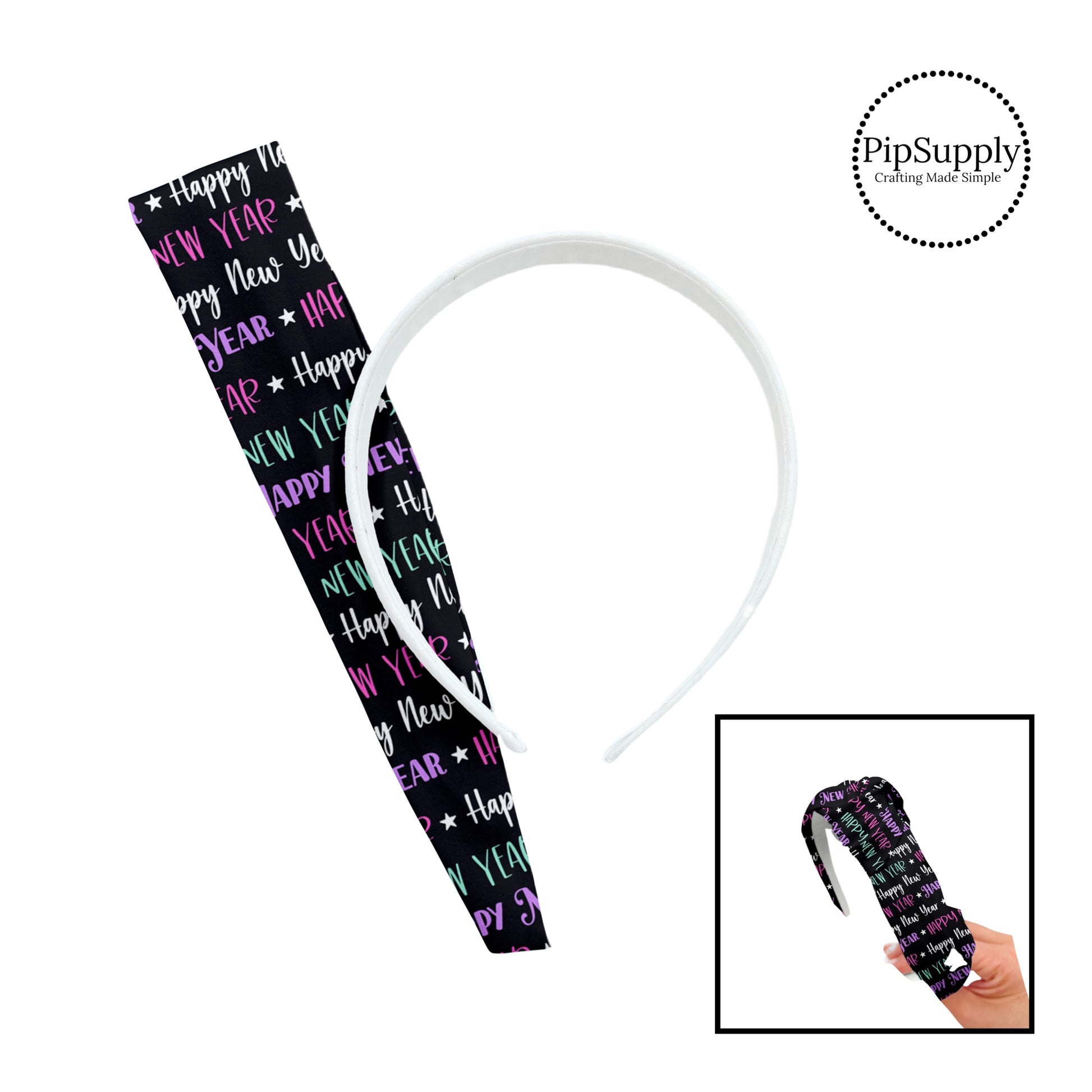 Pink, purple, aqua, and white happy new year sayings on black knotted ehadband kit