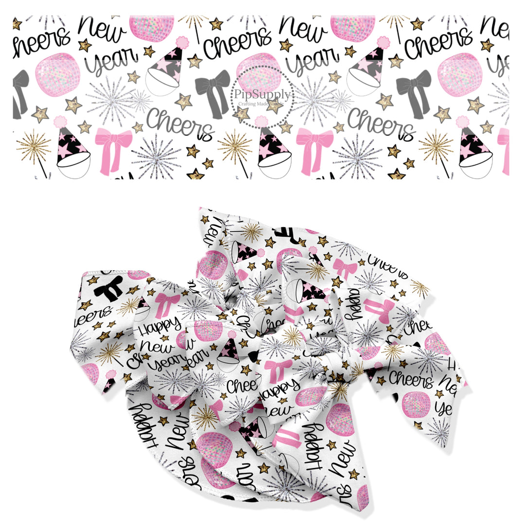 These holiday no sew bow strips can be easily tied and attached to a clip for a finished hair bow. These festive bow strips are great for personal use or to sell. These bow strips feature the following design elements: New Year sayings surrounded by sparklers, party hats, and bows.