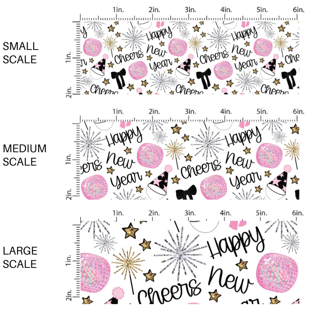 This holiday fabric by the yard features New Year sayings surrounded by sparklers, party hats, and bows. This festive pattern fabric can be used for all your sewing and crafting needs!