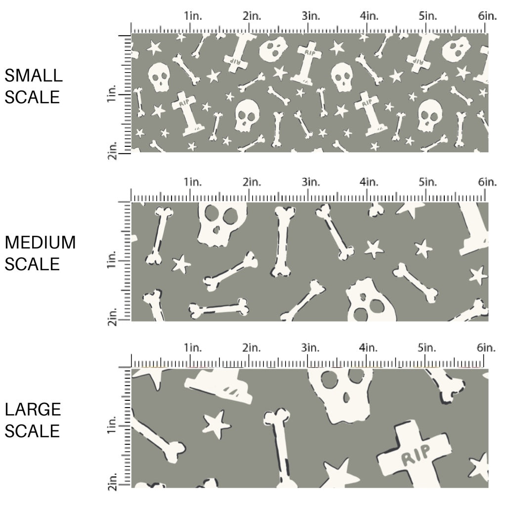 This scale chart of small scale, medium scale, and large scale of these Halloween themed pattern fabric by the yard features the following design elements: cream skulls and bones on gray. This fun spooky themed fabric can be used for all your sewing and crafting needs!