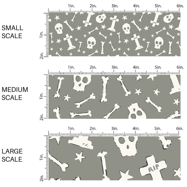 This scale chart of small scale, medium scale, and large scale of these Halloween themed pattern fabric by the yard features the following design elements: cream skulls and bones on gray. This fun spooky themed fabric can be used for all your sewing and crafting needs!