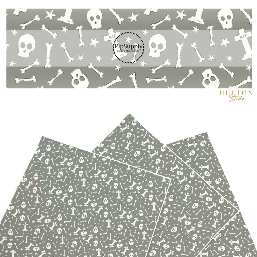 These Halloween themed pattern faux leather sheets contain the following design elements: cream skulls and bones on grey. Our CPSIA compliant faux leather sheets or rolls can be used for all types of crafting projects.