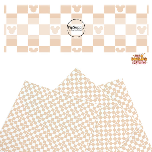 This magical inspired faux leather sheets contain the following design: nude and cream checker pattern with mouse ears. Our CPSIA compliant faux leather sheets or rolls can be used for all types of crafting projects.