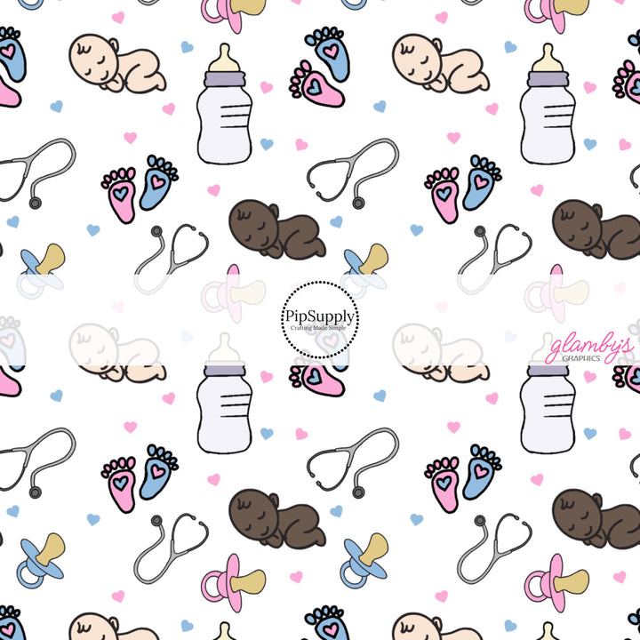 These medical themed fabric by the yard features stethoscopes, bottles and baby supplies. These pattern fabric can be used for all your sewing and crafting needs!