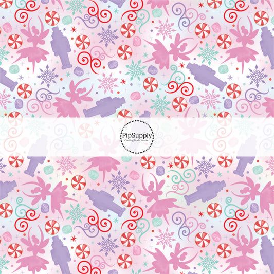 These Christmas themed pattern fabric by the yard features the following design elements: pastel nutcracker dancer. This fun themed fabric can be used for all your sewing and crafting needs!