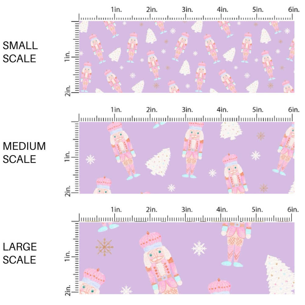 These Christmas themed pattern fabric by the yard features the following design elements: Christmas nutcrackers on lilac. This fun themed fabric can be used for all your sewing and crafting needs!