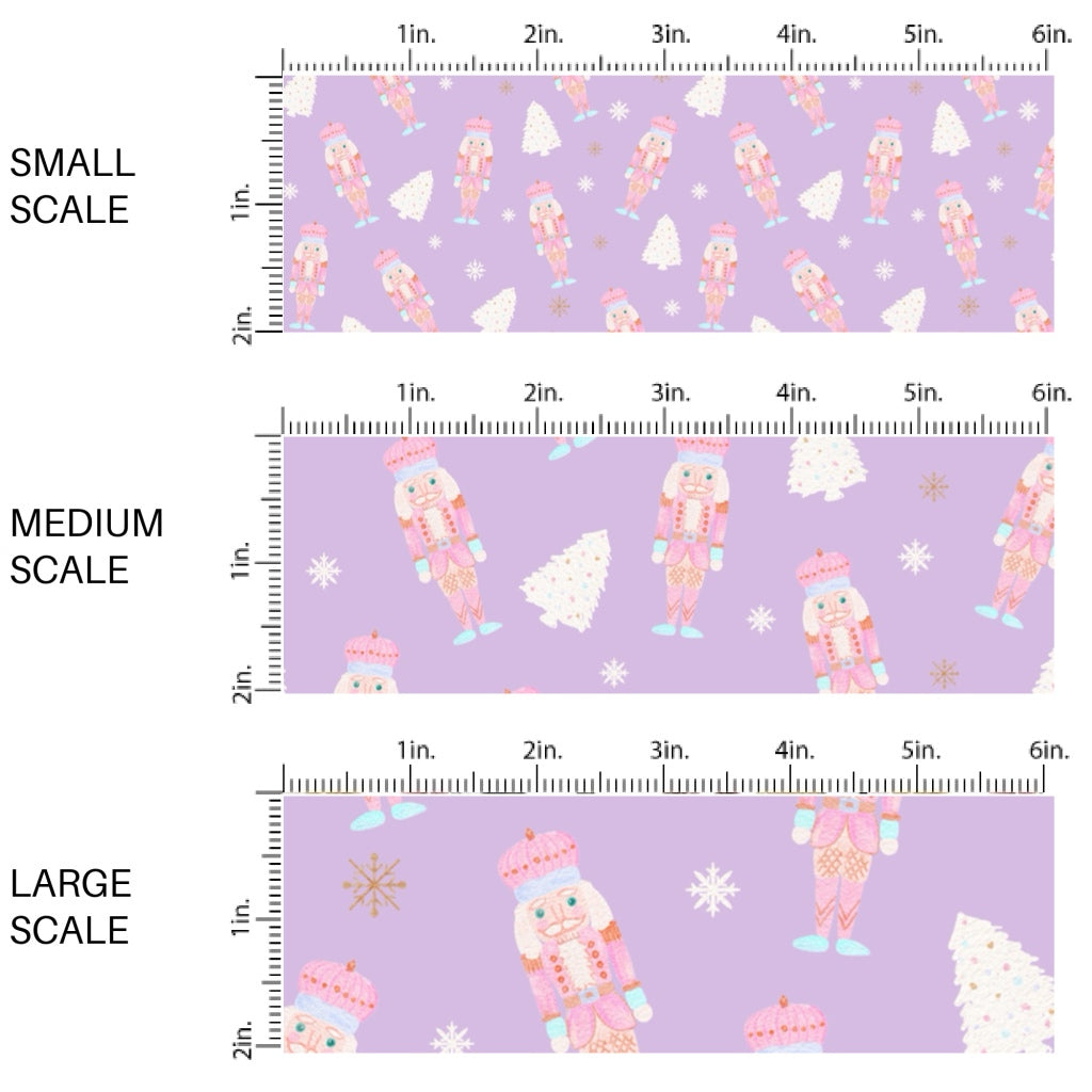 These Christmas themed pattern fabric by the yard features the following design elements: Christmas nutcrackers on lilac. This fun themed fabric can be used for all your sewing and crafting needs!