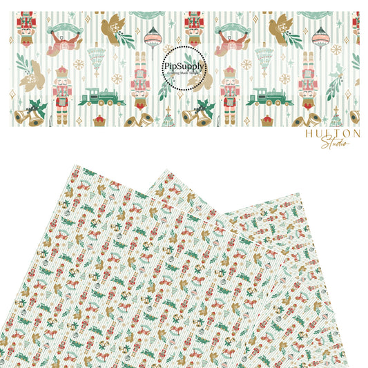 Green and white stripes with nutcrackers, horse, bells, trains, trees, birds, and mistletoe faux leather sheets