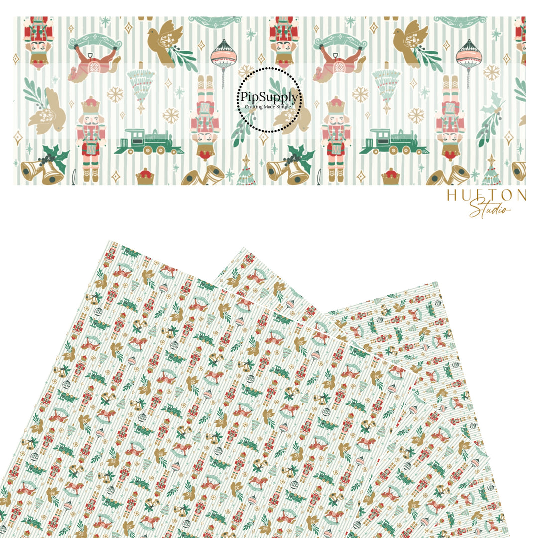 Green and white stripes with nutcrackers, horse, bells, trains, trees, birds, and mistletoe faux leather sheets