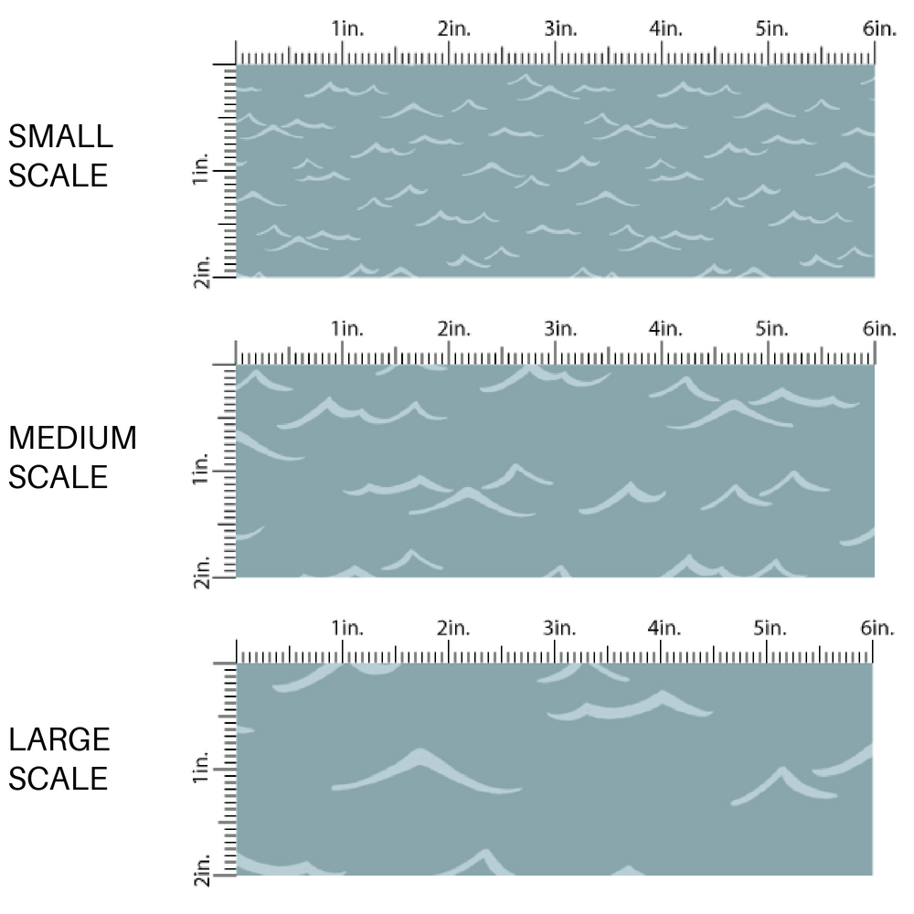 This scale chart of small scale, medium scale, and large scale of these wave themed blue fabric by the yard features light blue ocean waves. This fun beach themed fabric can be used for all your sewing and crafting needs! 