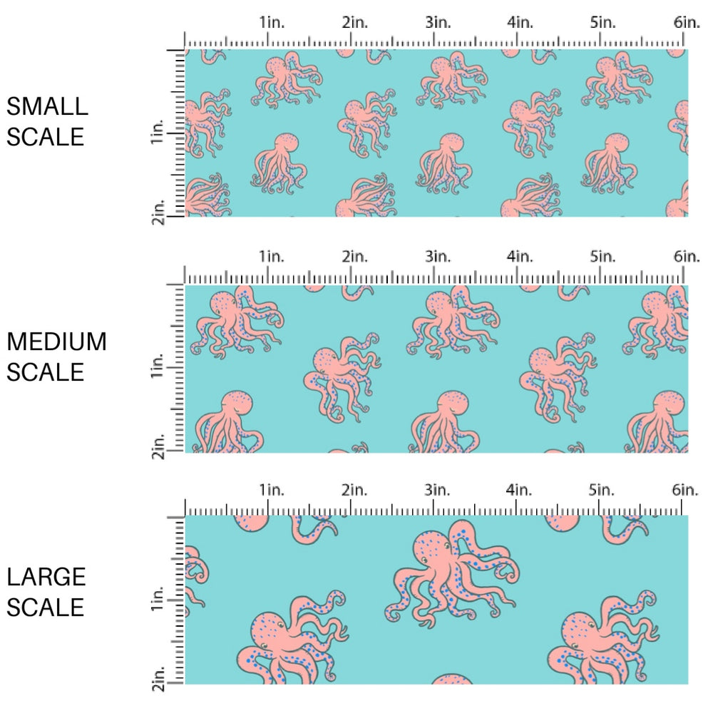 These bright ocean themed fabric by the yard features peach octopus on aqua. This fun pattern fabric can be used for all your sewing and crafting needs!