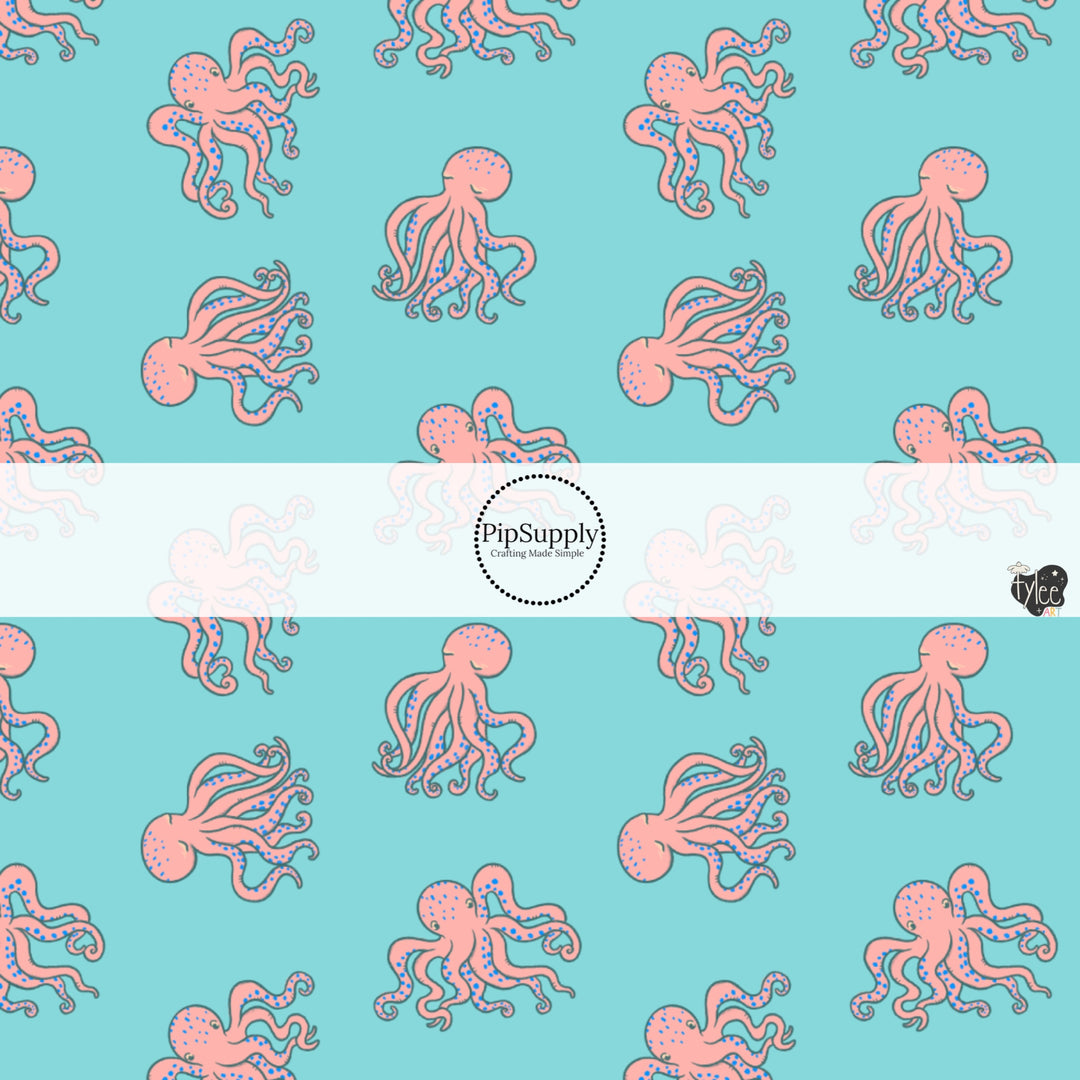 These bright ocean themed fabric by the yard features peach octopus on aqua. This fun pattern fabric can be used for all your sewing and crafting needs!