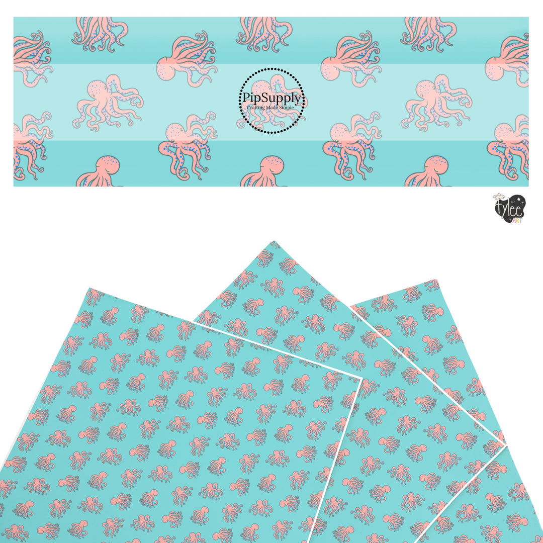 These bright ocean themed faux leather sheets contain the following design elements: peach octopus on aqua. Our CPSIA compliant faux leather sheets or rolls can be used for all types of crafting projects.