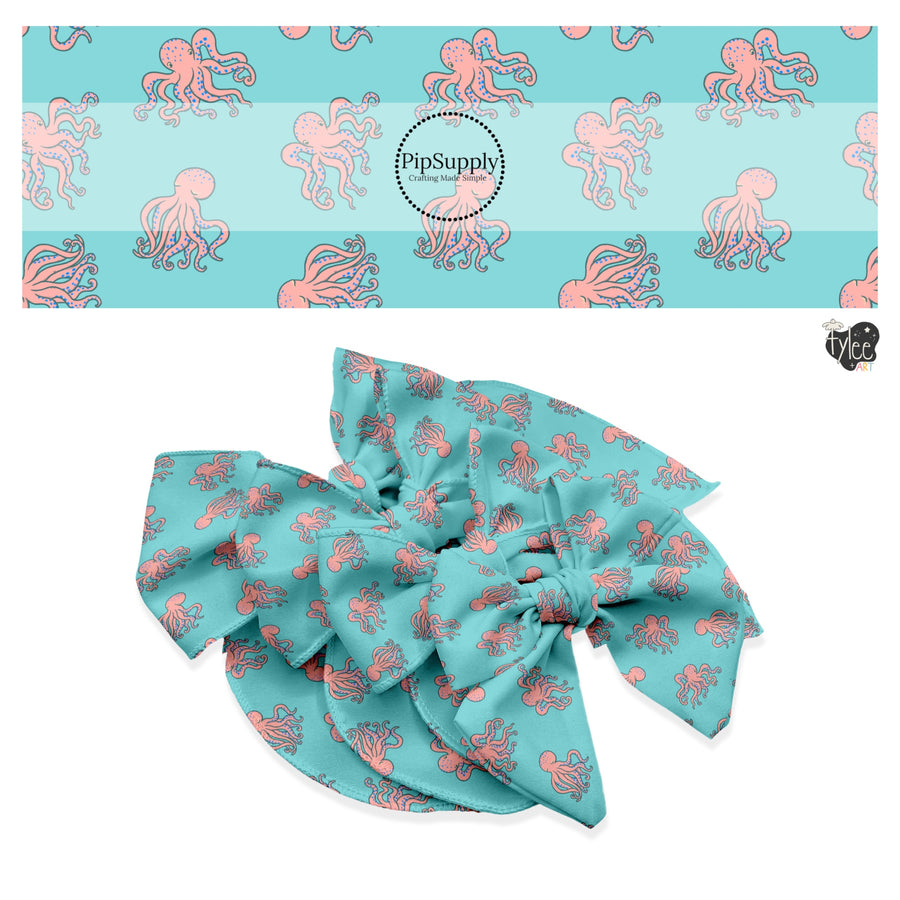 These spring no sew bow strips can be easily tied and attached to a clip for a finished hair bow. These fun bow strips are great for personal use or to sell. These bow strips feature the following design elements: peach octopus on aqua.