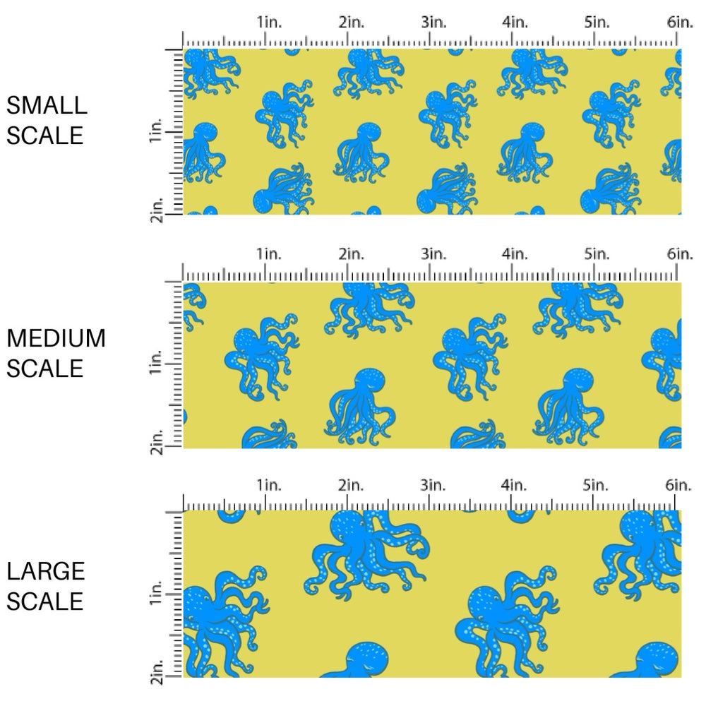 These bright ocean themed fabric by the yard features blue octopus on yellow. This fun pattern fabric can be used for all your sewing and crafting needs!