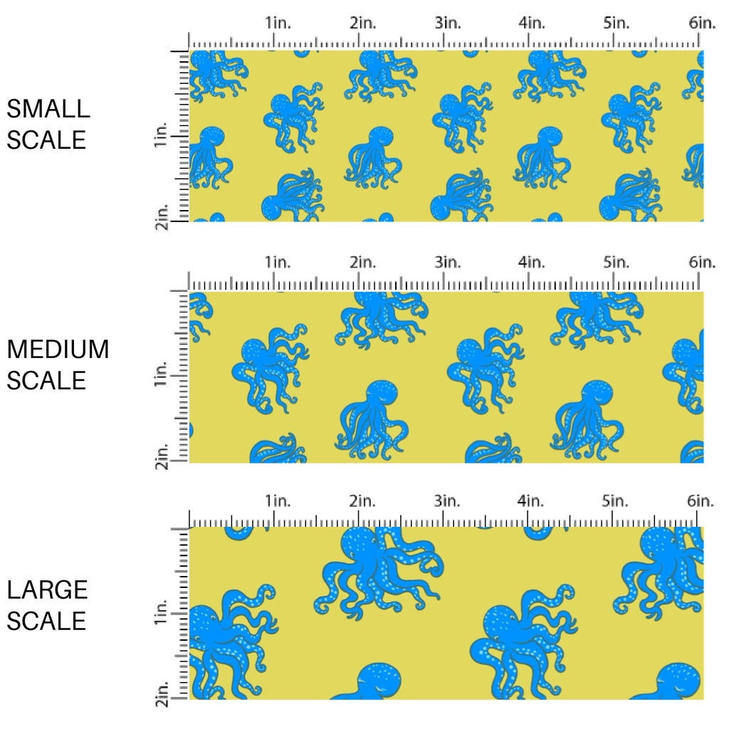 These bright ocean themed fabric by the yard features blue octopus on yellow. This fun pattern fabric can be used for all your sewing and crafting needs!
