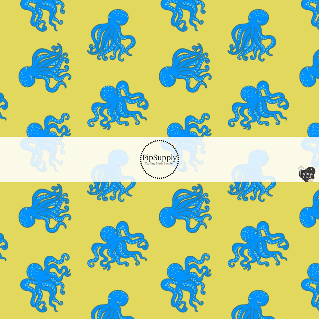 These bright ocean themed fabric by the yard features blue octopus on yellow. This fun pattern fabric can be used for all your sewing and crafting needs!