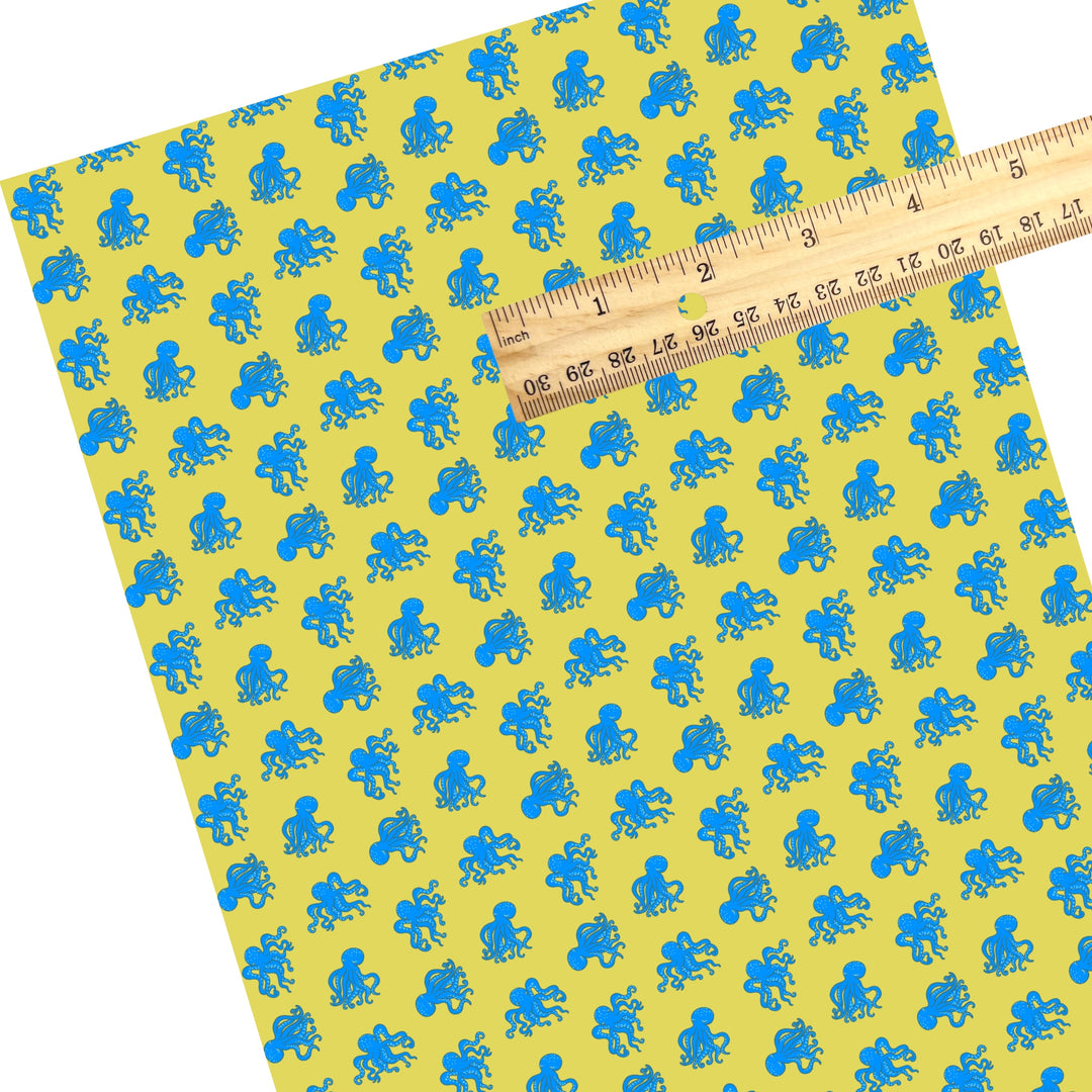 These bright ocean themed faux leather sheets contain the following design elements: blue octopus on yellow. Our CPSIA compliant faux leather sheets or rolls can be used for all types of crafting projects.