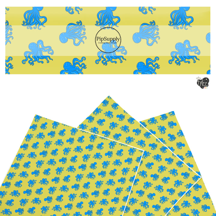 These bright ocean themed faux leather sheets contain the following design elements: blue octopus on yellow. Our CPSIA compliant faux leather sheets or rolls can be used for all types of crafting projects.