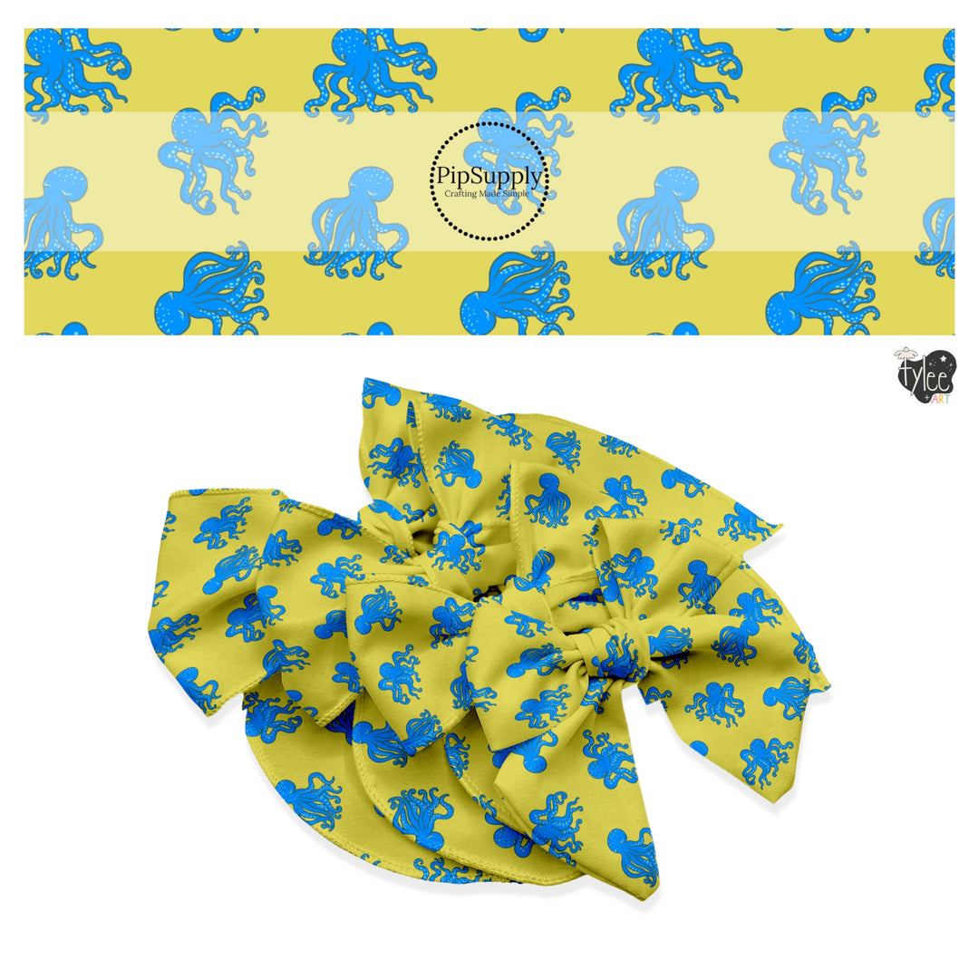 These spring no sew bow strips can be easily tied and attached to a clip for a finished hair bow. These fun bow strips are great for personal use or to sell. These bow strips feature the following design elements: blue octopus on yellow.