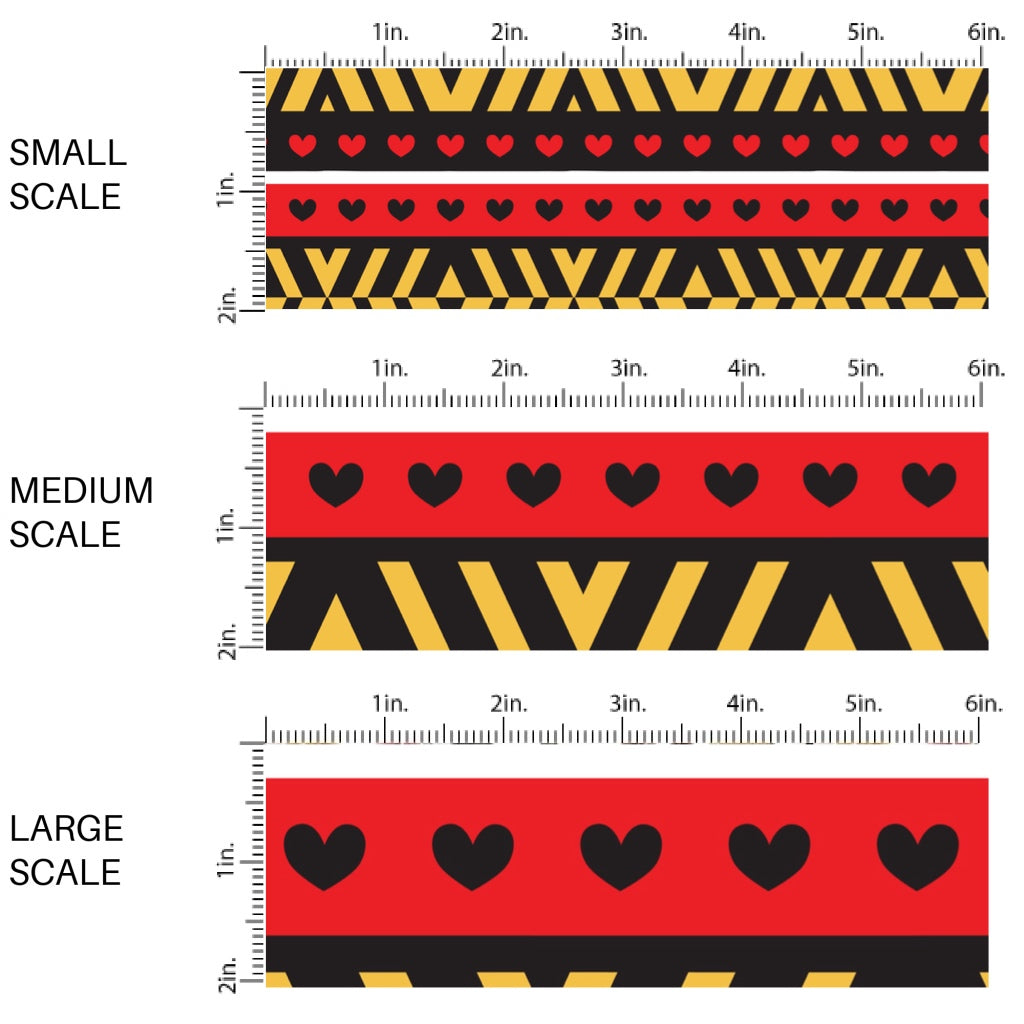This scale chart of small scale, medium scale, and large scale of this magical childhood adventure inspired fabric by the yard features the following design: tiny hearts on red and black stripes. This fun themed fabric can be used for all your sewing and crafting needs!