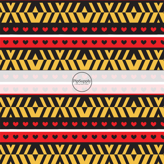 This magical childhood adventure inspired fabric by the yard features the following design: tiny hearts on red and black stripes. This fun themed fabric can be used for all your sewing and crafting needs!