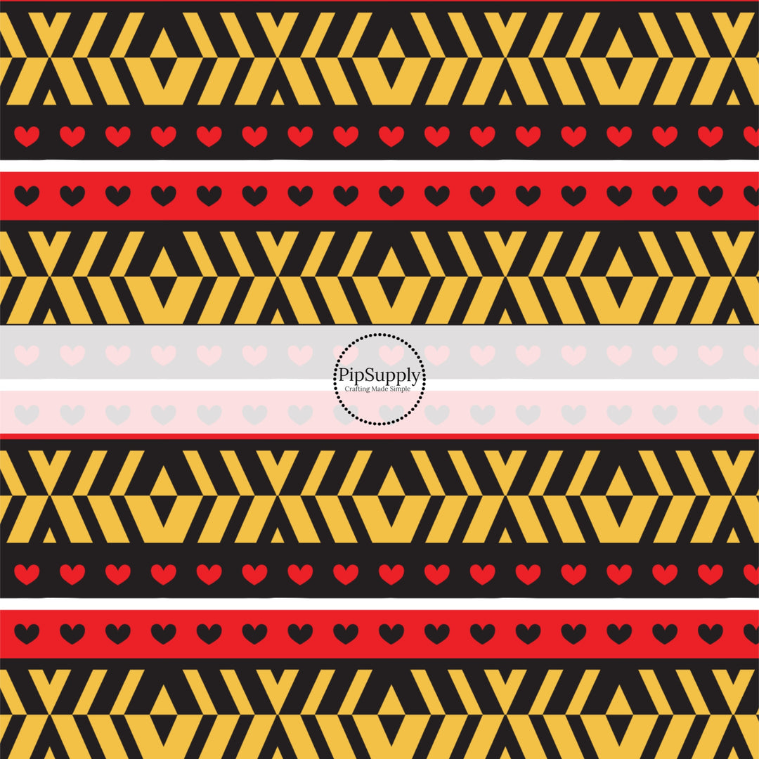 This magical childhood adventure inspired fabric by the yard features the following design: tiny hearts on red and black stripes. This fun themed fabric can be used for all your sewing and crafting needs!