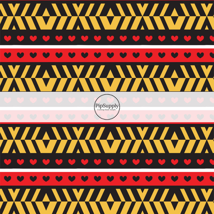 This magical childhood adventure inspired fabric by the yard features the following design: tiny hearts on red and black stripes. This fun themed fabric can be used for all your sewing and crafting needs!