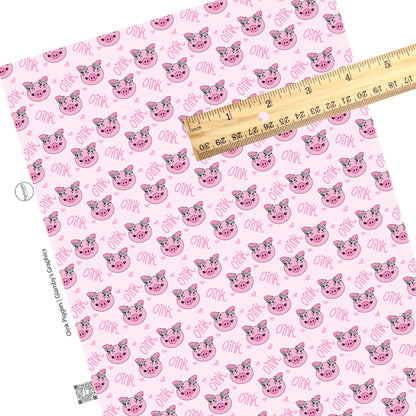These farm animal pattern themed faux leather sheets contain the following design elements: pink piggies with cow pattern bows on light pink. Our CPSIA compliant faux leather sheets or rolls can be used for all types of crafting projects.
