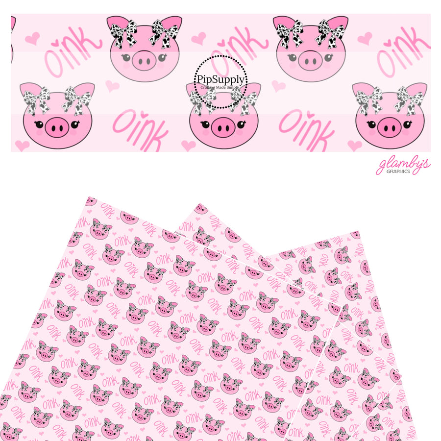 These farm animal pattern themed faux leather sheets contain the following design elements: pink piggies with cow pattern bows on light pink. Our CPSIA compliant faux leather sheets or rolls can be used for all types of crafting projects.