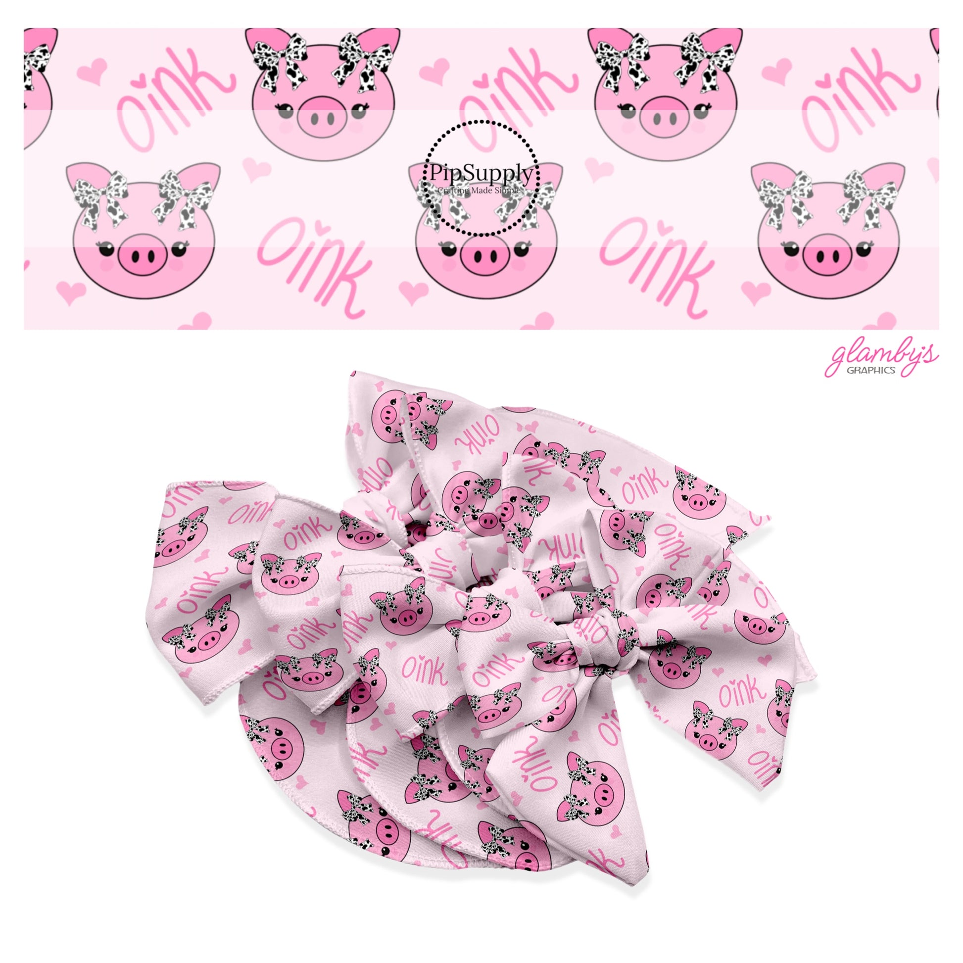 These farm animal pattern no sew bow strips can be easily tied and attached to a clip for a finished hair bow. These bow strips are great for personal use or to sell. The bow strips feature pink piggies with cow pattern bows on light pink. 