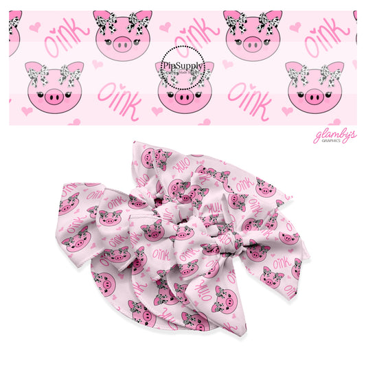 These farm animal pattern no sew bow strips can be easily tied and attached to a clip for a finished hair bow. These bow strips are great for personal use or to sell. The bow strips feature pink piggies with cow pattern bows on light pink. 
